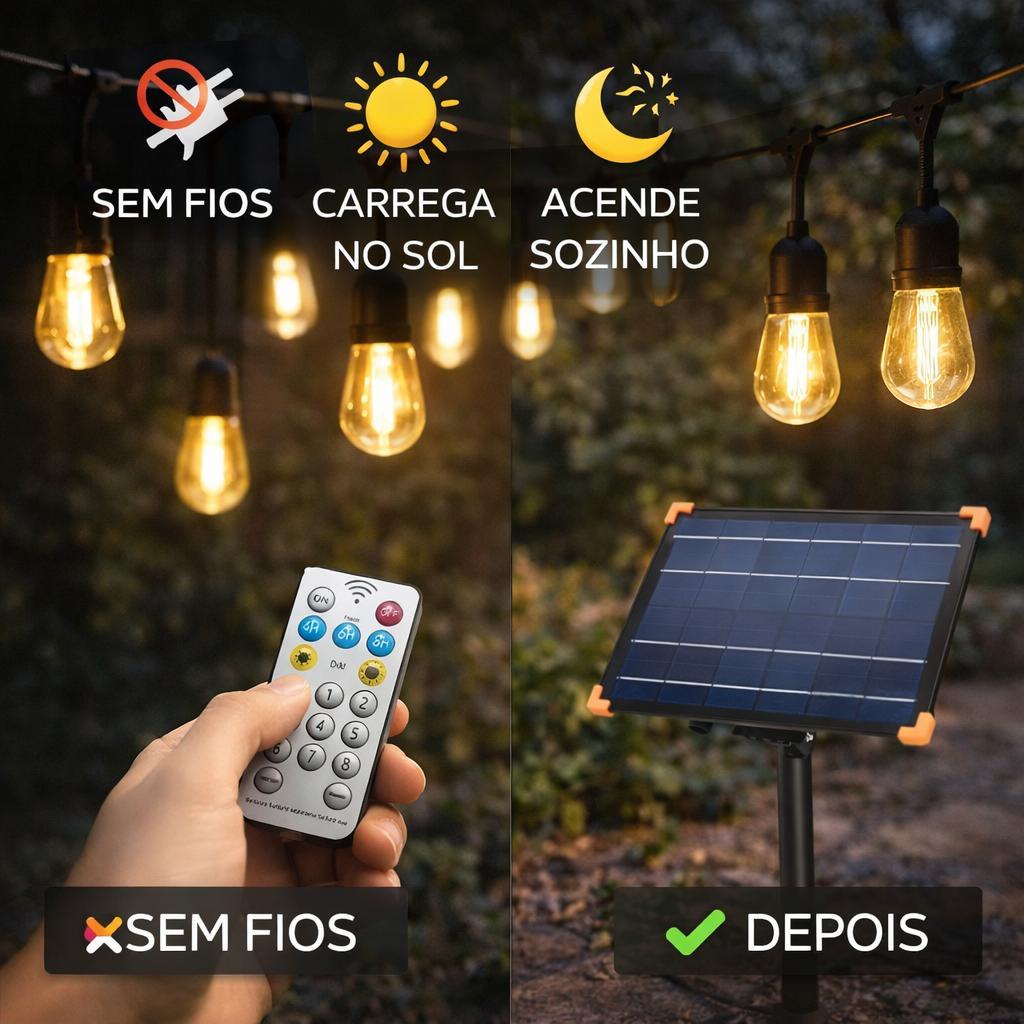 Varal de Luzes Solar Cordão Externo 8 Lâmpadas LED Filamento Luz Amarela 2700K 5m c/ Controle Remoto