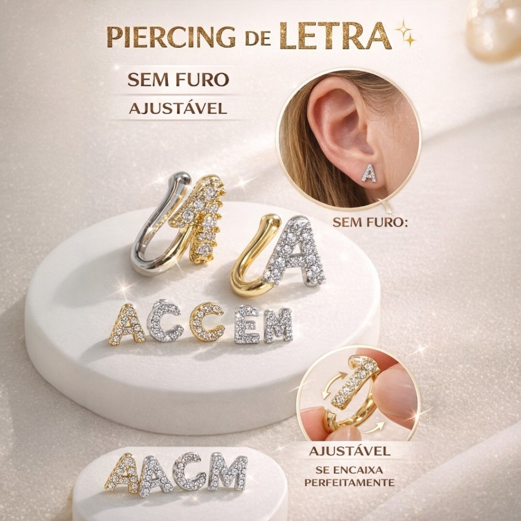 Brinco Sem Furo Letra Inicial Ajustável Feminino Delicado Strass Brilho Prata/Ouro