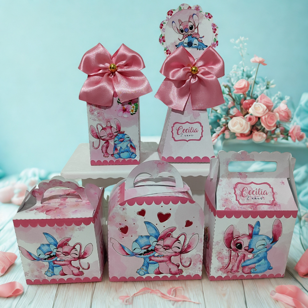 Kit Festa Stitch e Angel Aquarela | Caixinhas e Lembrancinhas Personalizadas | Festa Infantil (Pegue e Monte)