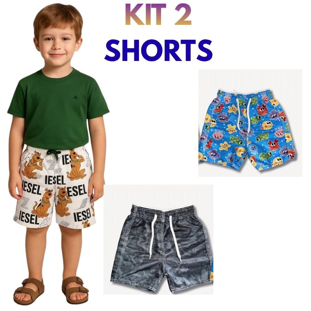 Kit 2 Shorts Bermudas Infantil Masculina Tactel Menino Estampado Praia Piscina Verão Conforto Casual