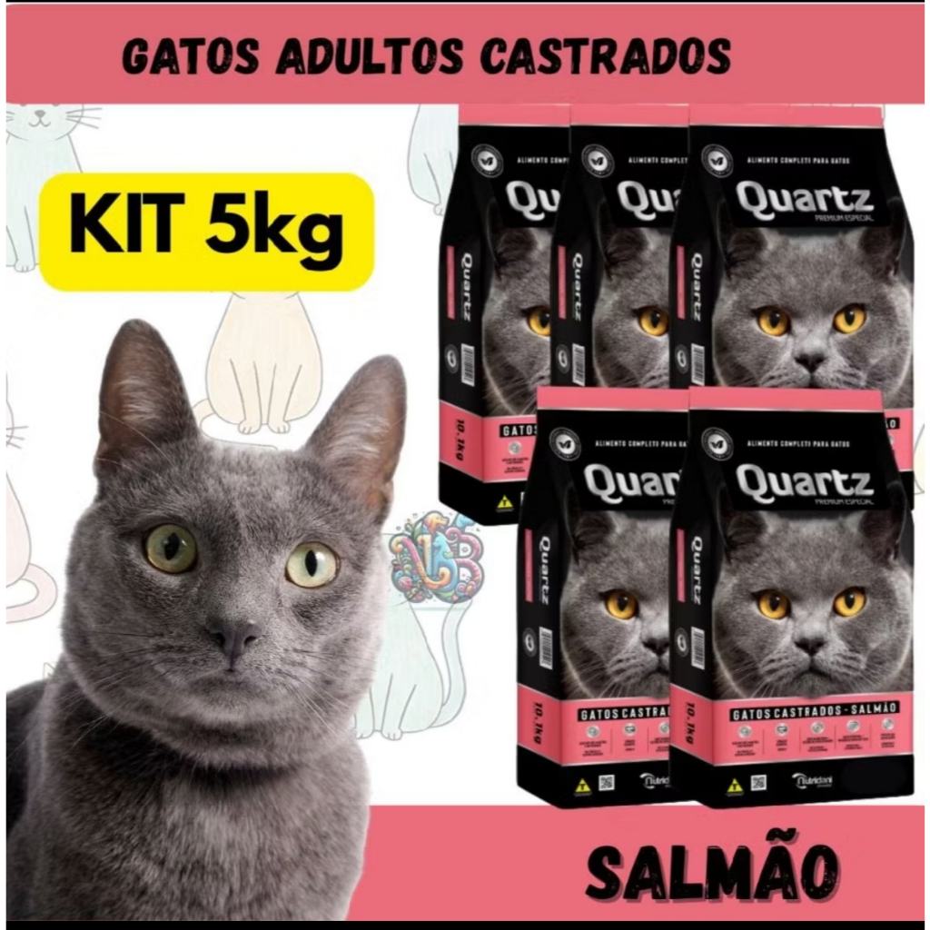 Kit Ração Para Gatos Castrados Quartz PREMIUM, Sabor - Salmão- Embalagem de 5/2/ 3Kg de acordo com a variação escolhida