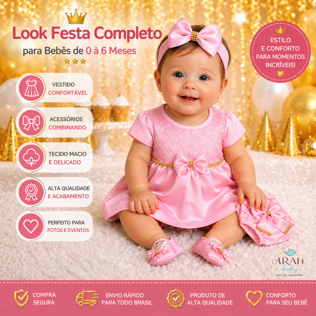 Kit Luxo Bebê Menina 4 Peças Vestido + Tiara + Sapato + Calcinha Bunda Rica Look Completo p/ Festas