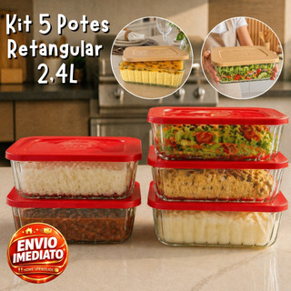 Kit 5 Potes De Vidro 2.4 Litros Retangular Com Tampa Plastica