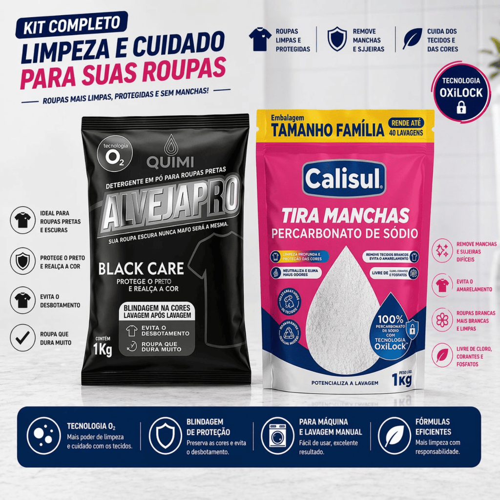 Kit Alvejante Percarbonato Calisul Roupa Branca + Quimivida Black Roupa Preta 2kg Tira Manchas
