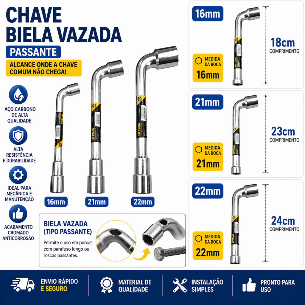 Chave Biela Passante 16/21/ 22mm Multiuso Resistente para Mecânico Automotivo Alta Durabilidade