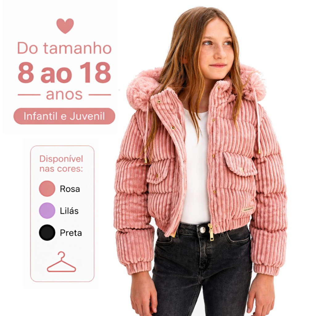 Jaqueta Infantil Menina Puffer Cotelê Juvenil Forrada Peluciada Original Capuz Removível Casaco Frio