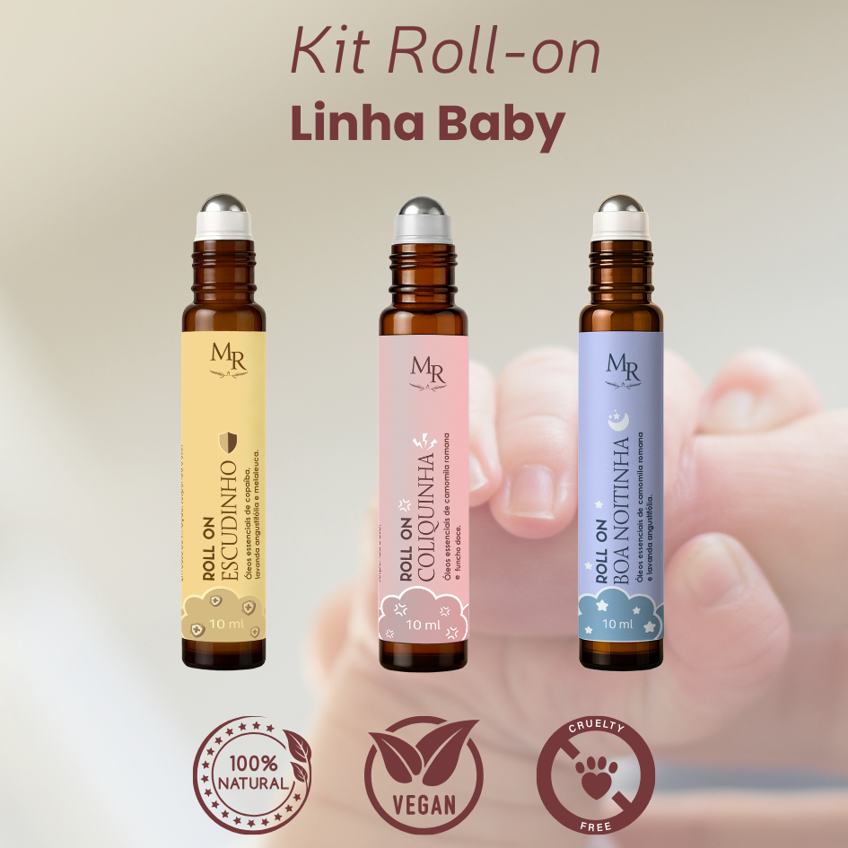 Kit Bebê Aromaterapia 3 Roll On 10ml | Sono, Cólica e Proteção | Natural Infantil Completo