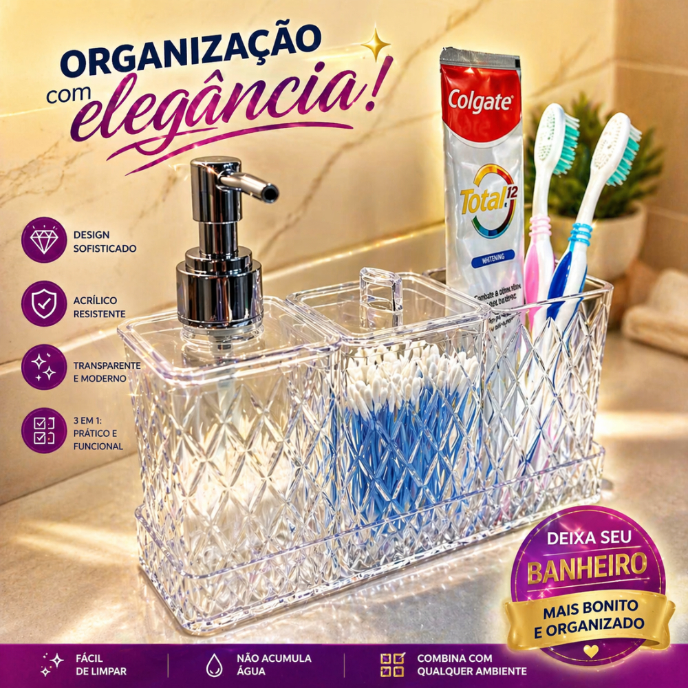 Kit Banheiro Lavabo Glamour 4 peças Completo Luxo Plasútil Organizador de Utensílios Decoração