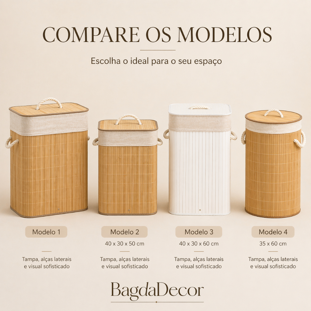 Cesto de Roupa Suja com Tampa Bambu Branco Redondo e Retangular Diversos Modelos e Tamanhos Premium