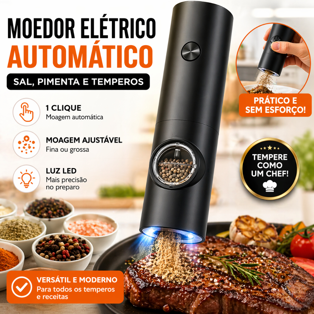 Moedor Eletrico Automatico Sal Pimenta Com Ajuste De Moagem Temperos Condimentos Pilha