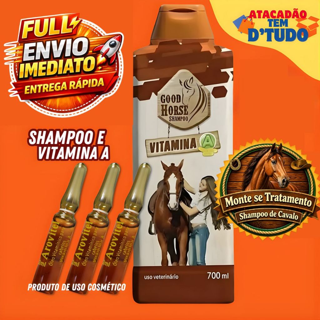 Shampoo Good Horse e Arovitel Vitamina A Shampoo de Cavalo Brilho, Força e Saúde