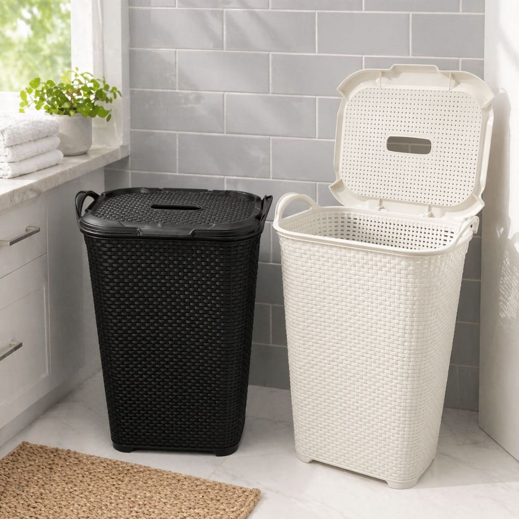 Jogo 2 Cestos de Roupa Rattan com Tampa Basculante 50L e 60L