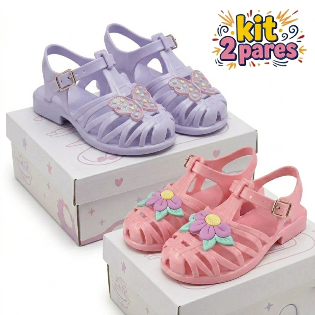Kit 2 Sandália Infantil Menina Brilhante Confortável Leve