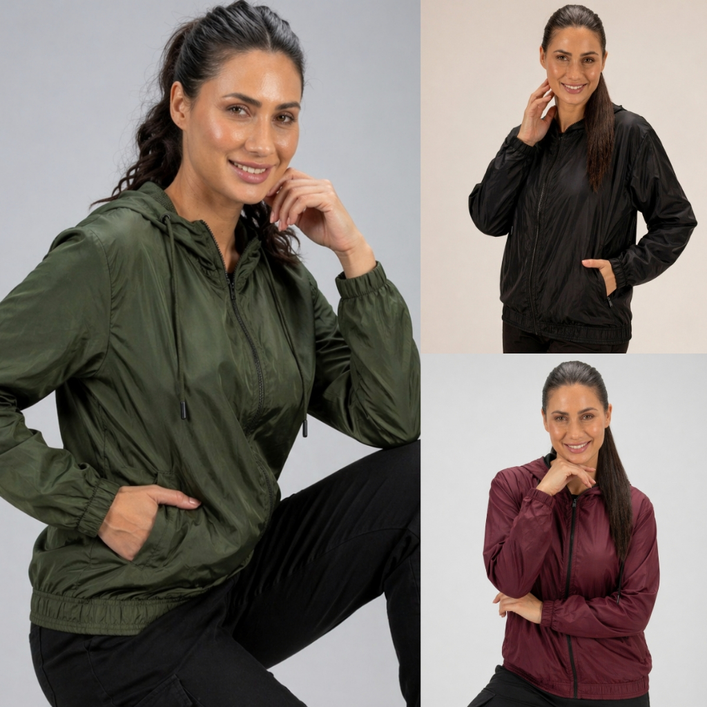 Blusa Corta Vento Feminino Preta Clássico Jaqueta Premium Com Capuz Bolsos Zíper Frontal Poliéster Envio Rapido