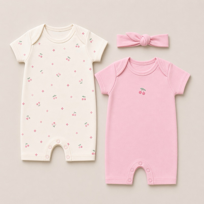 Kit Macacão Bebê Menina Verão Romper, Banho de Sol em Algodão - 3 peças