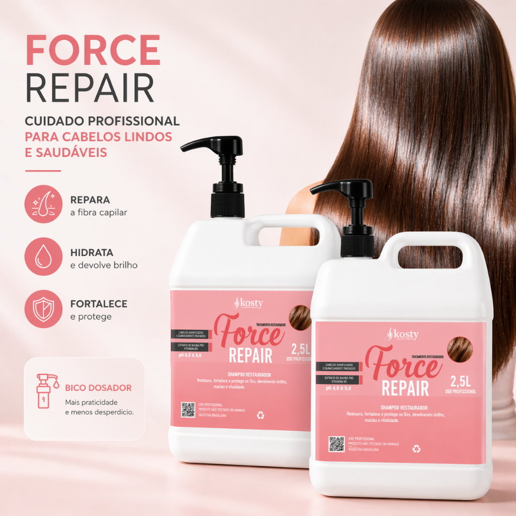 Kit Tratamento Capilar Shampoo Mascara Reparador Force Repair 2,5 Litros Kosty