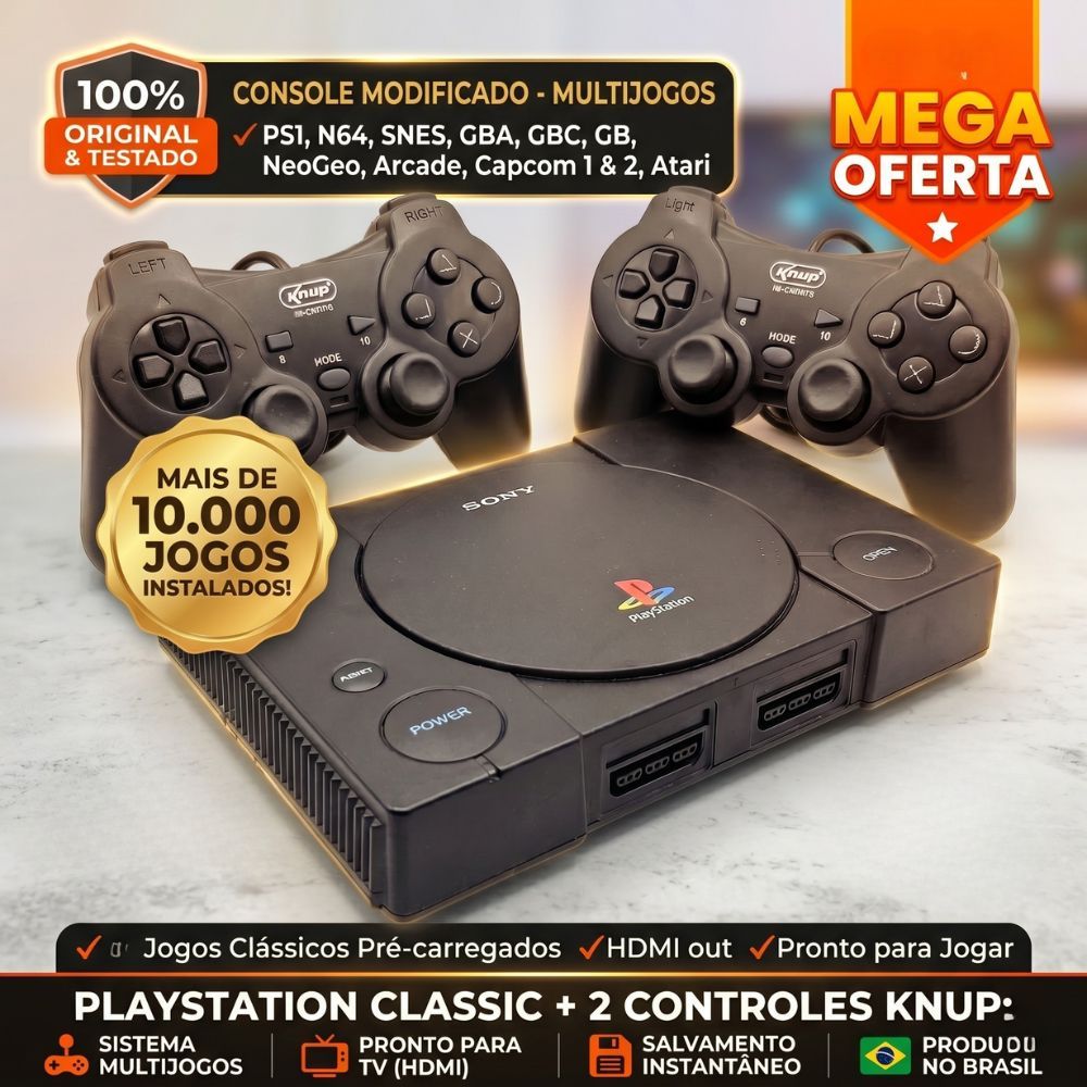 Game Retro Mini PS1 Black com Jogos na Memória Multijogos Completo Conectou Jogou