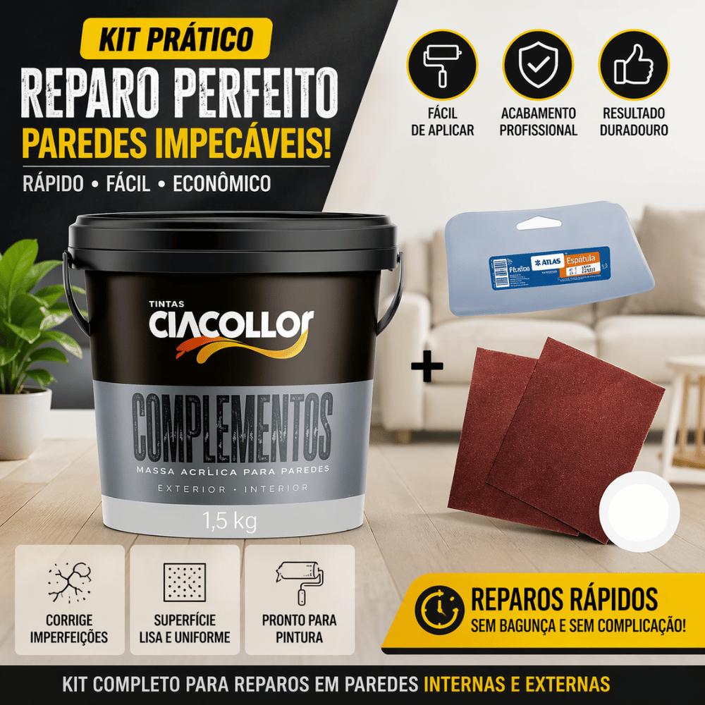 Kit Prático Reparo Parede e Pintura Massa Acrílica 1,5Kg Espátula, Lixa Reparo Fácil