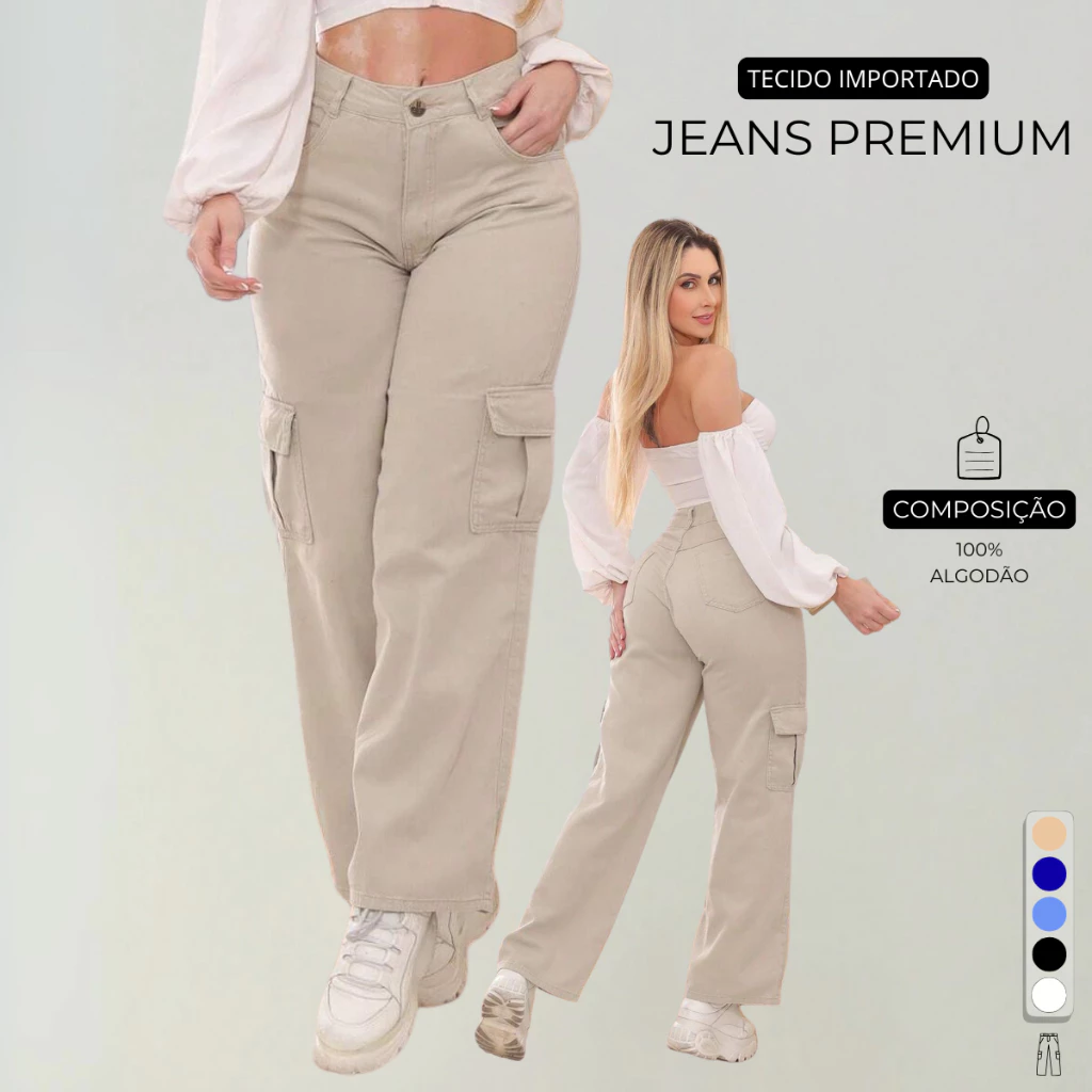 Calça Cargo Feminino Jeans Cintura Alta 34 Ao 44 + 5 Cores