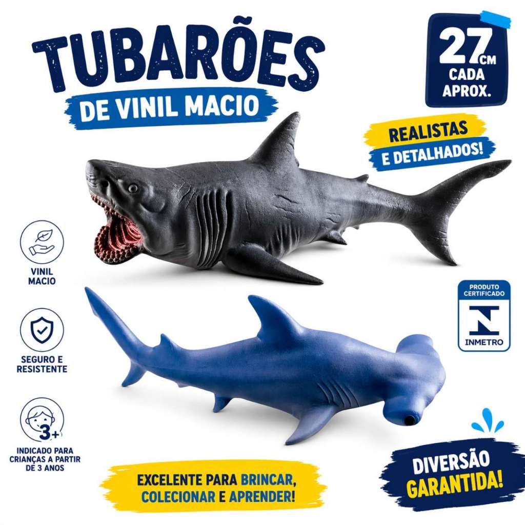 Tubarão de Brinquedo Grande 27cm Infantil Realista Animais Marinhos Fundo do Mar Seguro