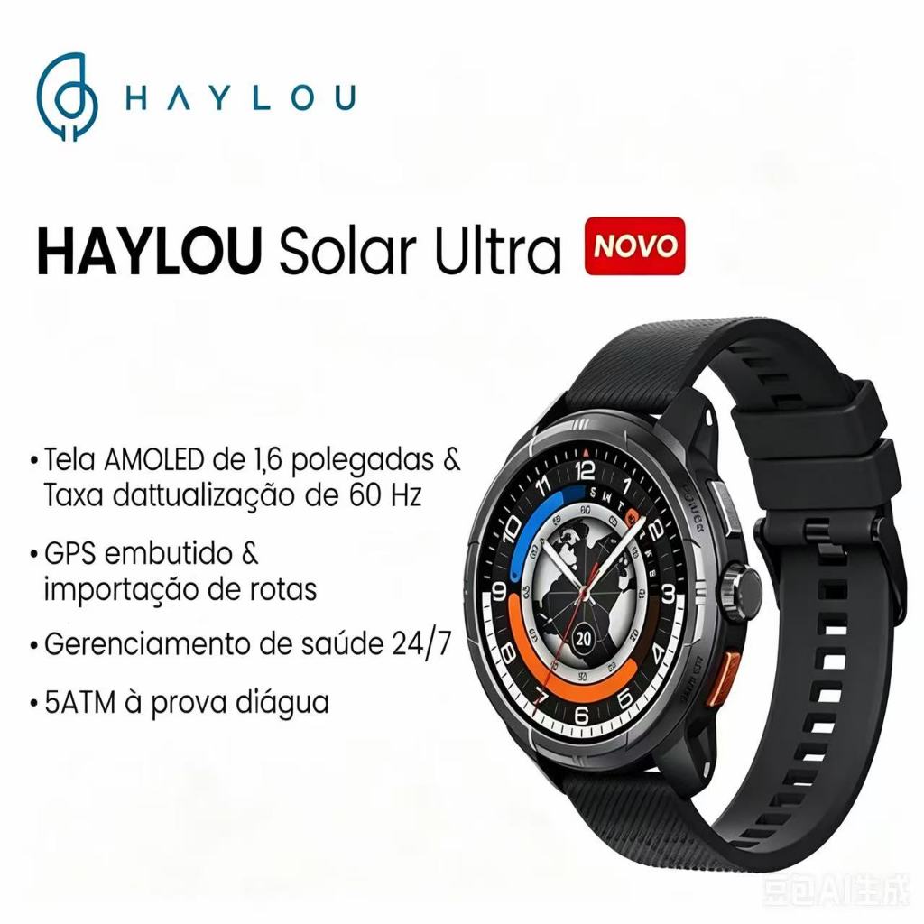 Smartwatch Haylou Solar Ultra GPS 1.6" AMOLED Preto, 5ATM À Prova D'água