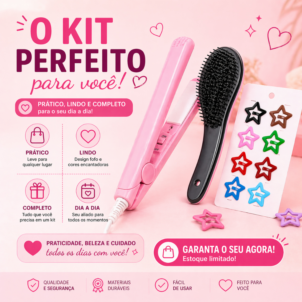 Kit Feminino Completo Chapinha Mini + Escova Desembaraçante + Tic Tac Estrela + Brinde Supresa