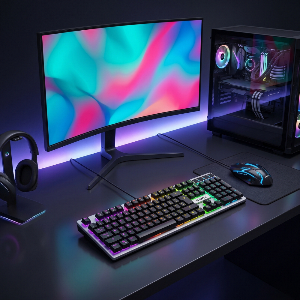 Kit Teclado e Mouse Gamer Semi-Mecânico Iluminação RGB Com Fio Para PC Notebook Gamer