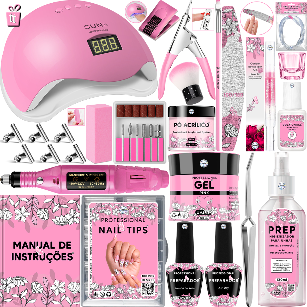 Kit Unhas de Gel Cabine Sun 5 LED UV 48w Digital Lixadeira Elétrica Caneta 20.000 RPM Prep Molde Lixa Broca Presilha
