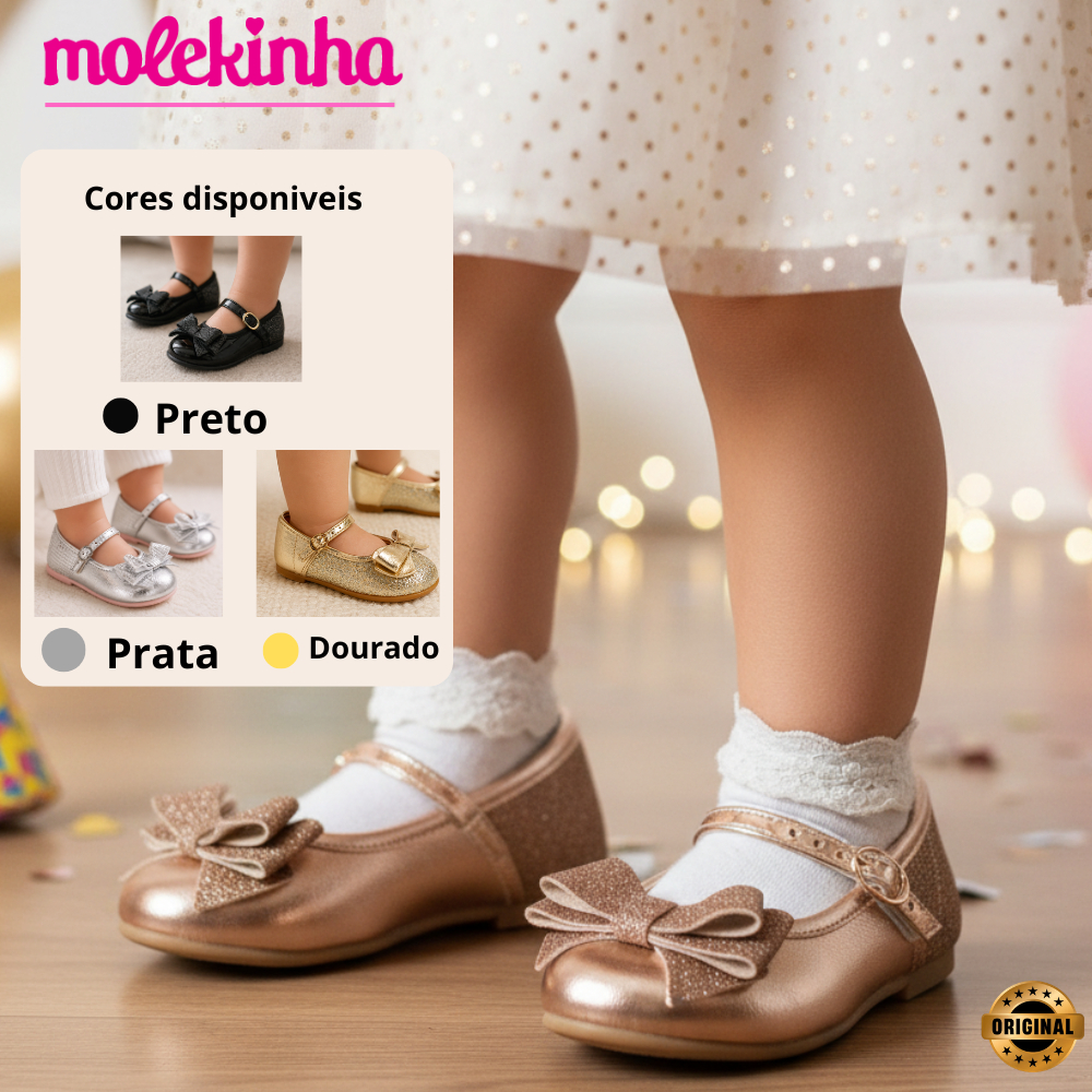 Sapatilha Molekinha Infantil Meninas Bebê Boneca Laço Brilho Sapato Fivela Confortável Original
