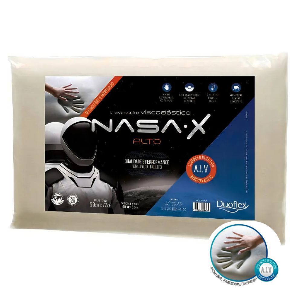 Travesseiro Nasa X Duoflex Alto Antiácaro Espuma Viscoelástica Capa Malha 100% Algodão