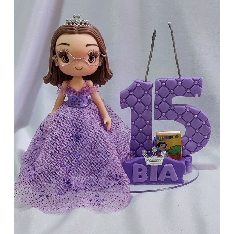 Vela Topo Bolo Aniversário Debutante 15 Anos Princesa de Biscuit, Topo 15 Anos com livro,Livro,