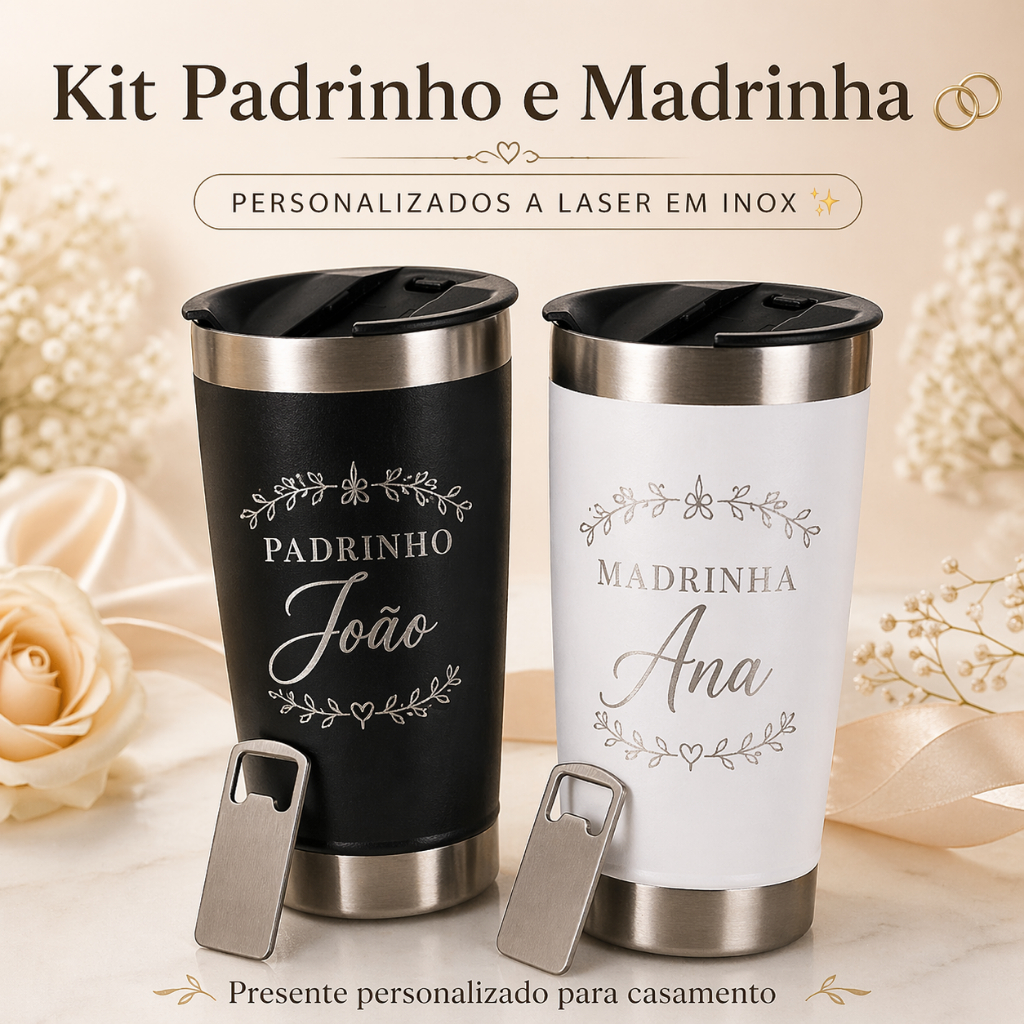 Kit 2 Copos Personalizados Com Nome e Arte Madrinha Padrinho Casamento Aço Inox Térmico 473ml