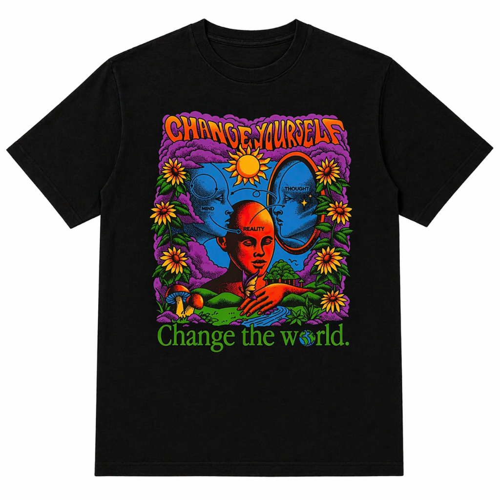 Camiseta Basica Unissex Psicodélica Change Yourself Change The World Streetwear