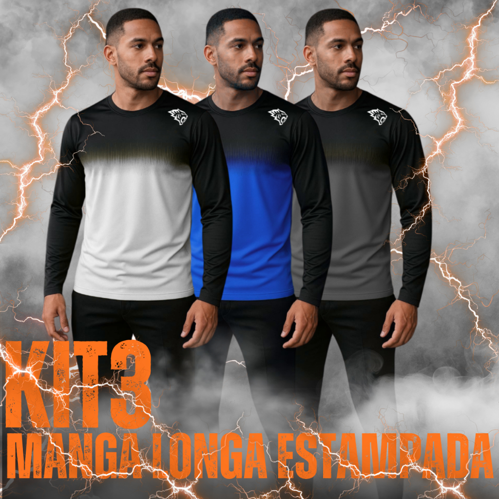 Kit 3 Camiseta Manga Longa UV Dryfit Estampada Sublimada Masculina Esportiva