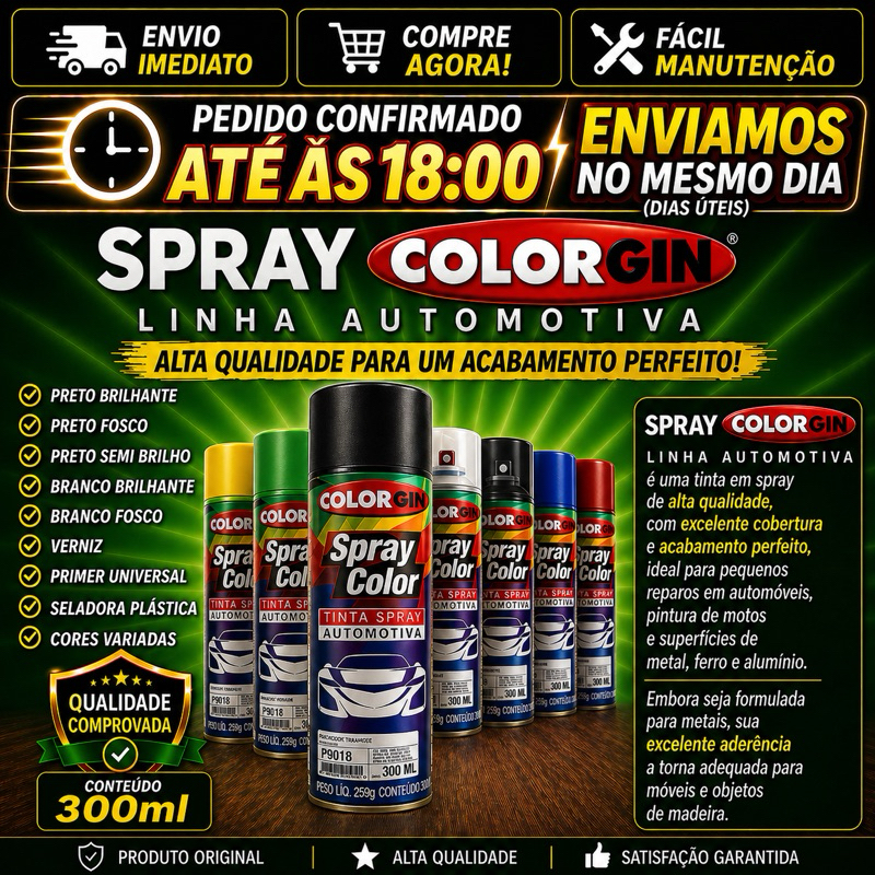 Tinta Spray Automotivo Colorgin 300ml diversas cores verniz Primer seladora plástico
