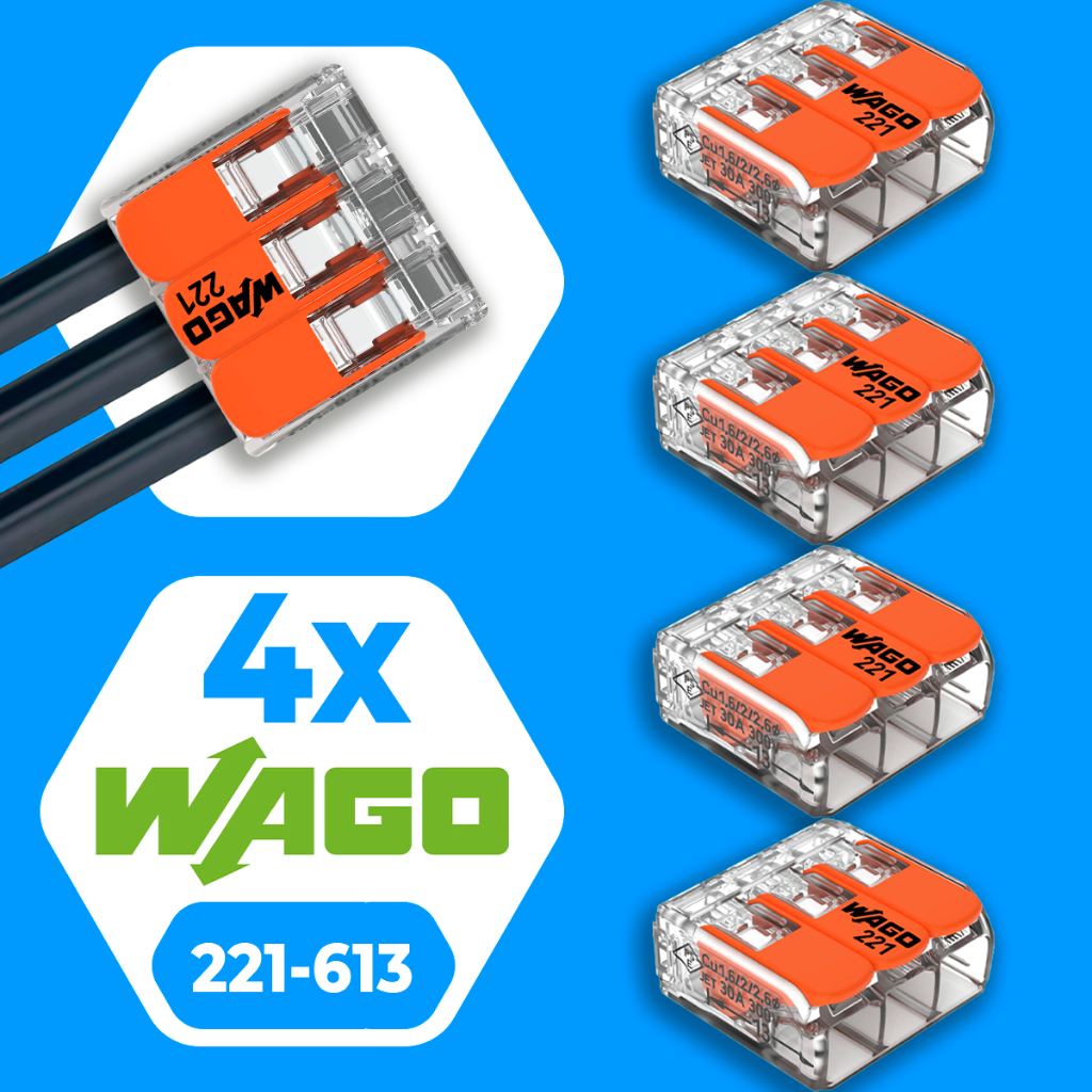 Conector de Fio Elétrico Wago 221-613 Conector Wago Emenda 6mm 41A Conexão Automática Kit 4 Peças