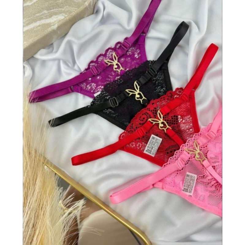 kit 3 Tangas Fio Dental Playboy Calcinha Feminina Com Regulagem