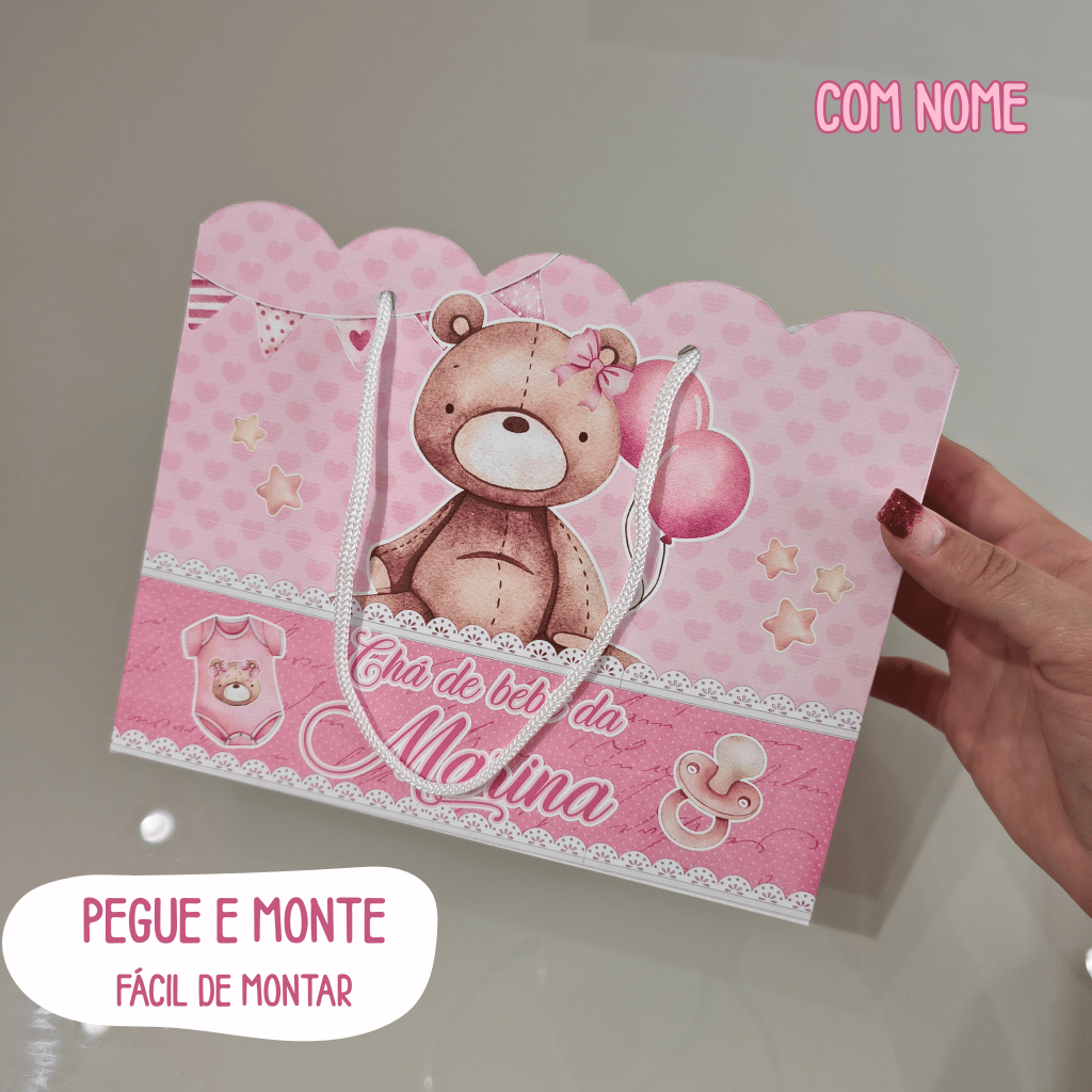 Sacola Personalizada Chá de bebê ursinha rosa com Nome | Pegue e Monte Fácil  | Lembrancinha chá de fraldas