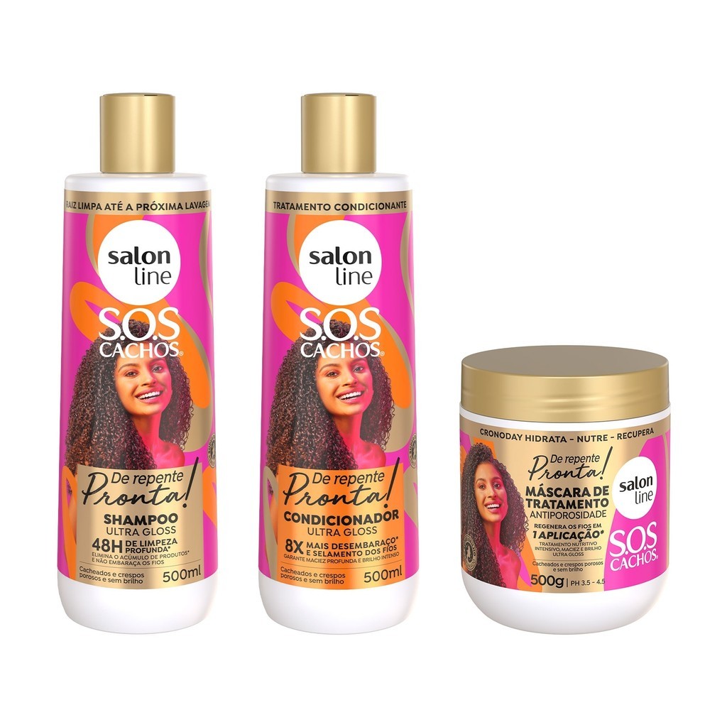 Kit de tratamento capilar Salon Line SOS Cachos contendo um frasco de shampoo, um de condicionador e um pote de máscara antiporosidade