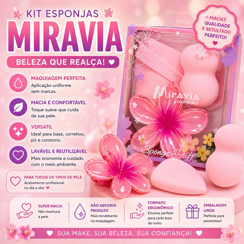 Kit 3 em 1 Esponjas de Maquiagem + Presilha Flor Macia Profissional Base Corretivo Puff Lavável Reutilizável