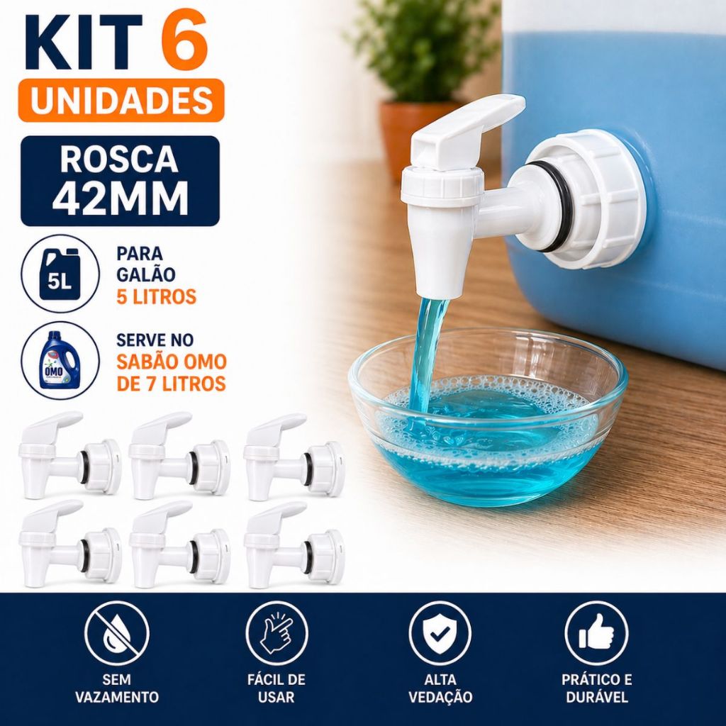 Kit C/ 6 Torneiras + Tampa p/ galão 5 Litros Rosca 42 conjunto montado pronto uso