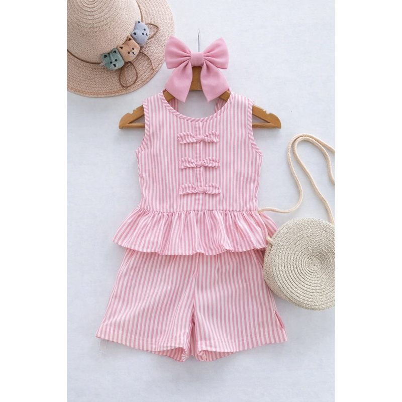Conjunto Infantil "Doce Verão" – Listras Rosa com Laços Delicados