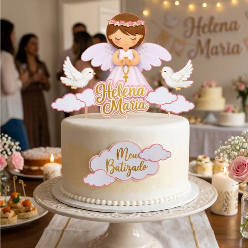 Topo de Bolo Batizado Menina Personalizado com Nome. Delicado Anjinho Floral | Topper Batizado menina