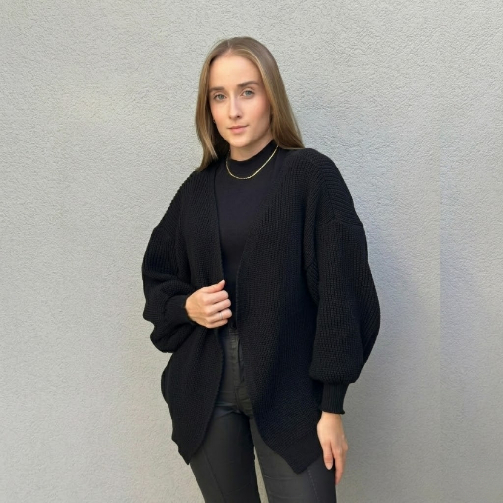 Cardigan Feminino Tricot Manga Bufante Casaco Aberto Kimono Premium Inverno