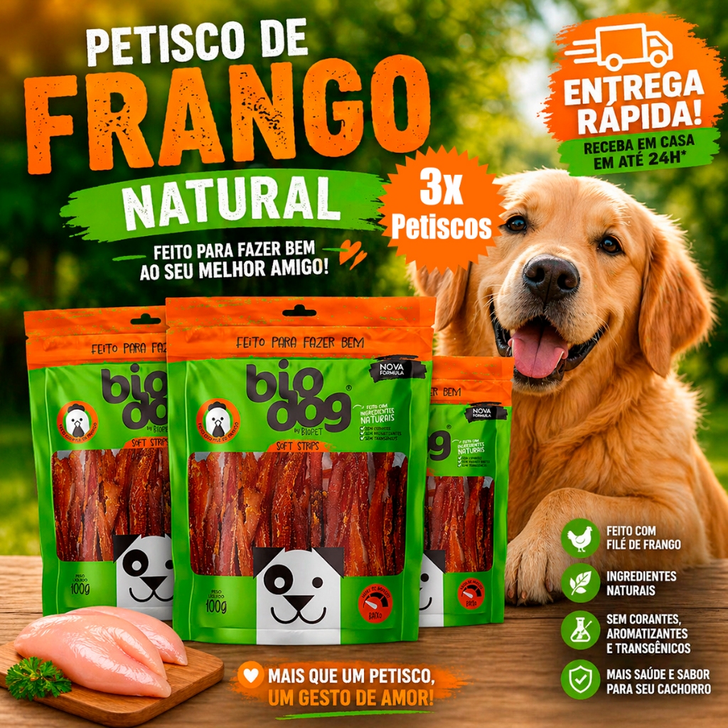 Kit 3 Bifinho Petisco Natural Snack Biscoito Cães Biodog Mordedor Gourmet Soft Strips - Frango