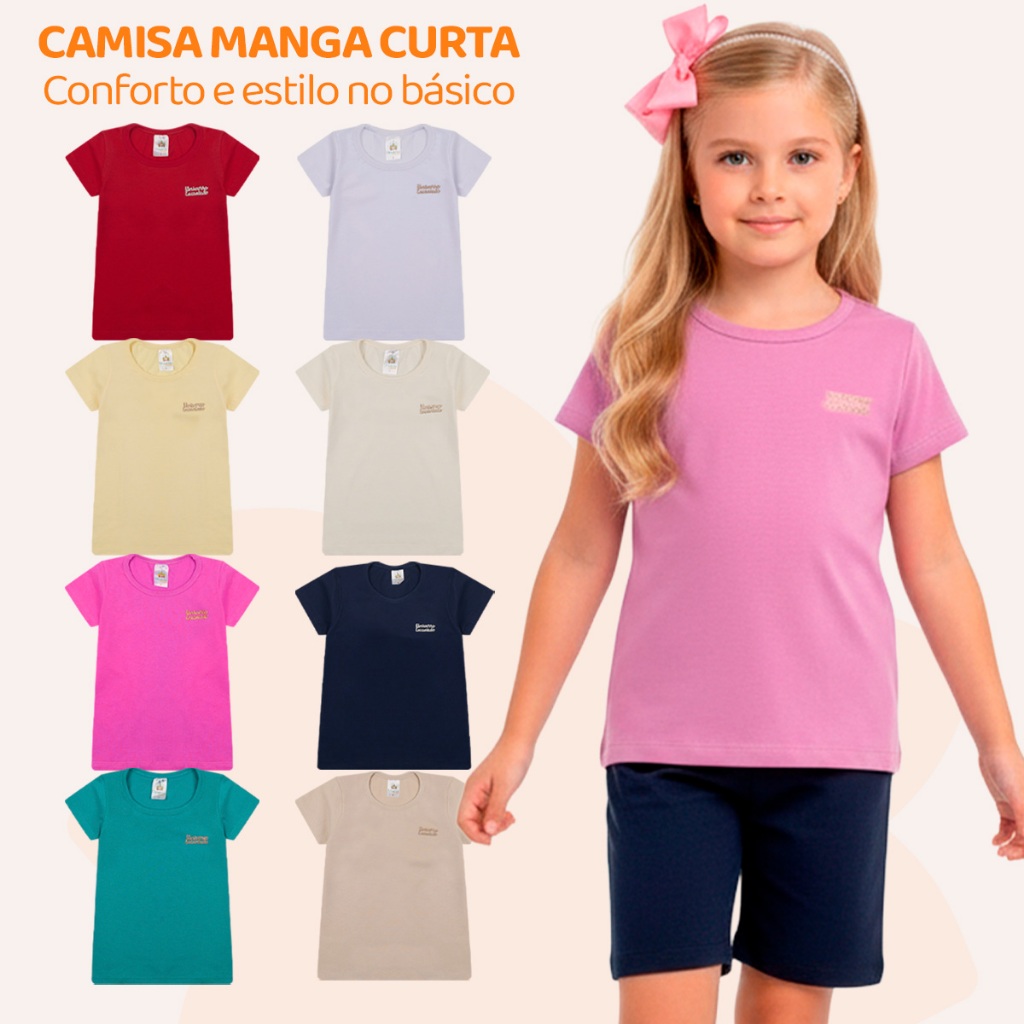 Kit 3 Blusa Manga Curta Infantil Menina 100% Algodão Lisa Basica