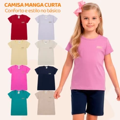 Kit 3 Blusa Manga Curta Infantil Menina 100% Algodão Lisa Basica
