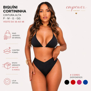 Biquíni EFEITO LIPO Top Cortininha Calcinha Asa Delta Cintura Alta de Cós