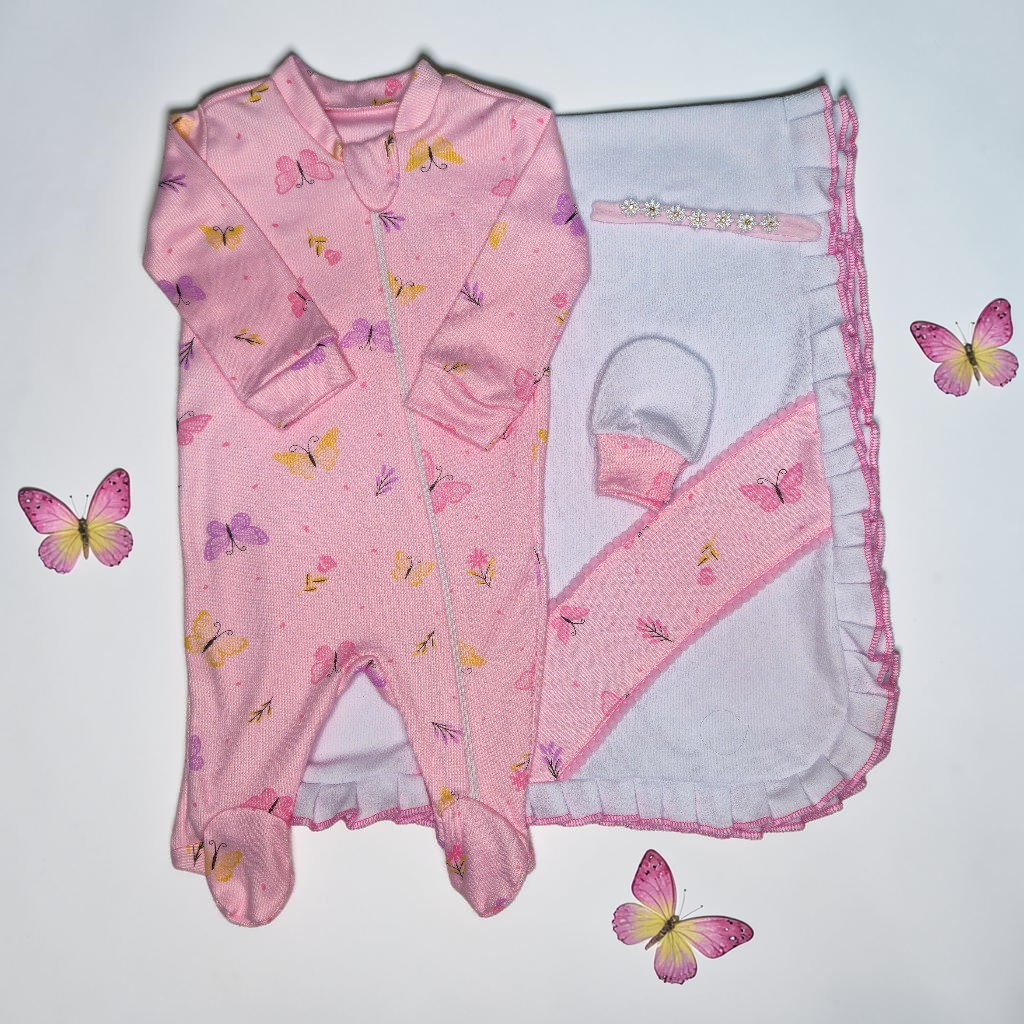 Saída Maternidade Luxo 4 Peças Menina Menino Kit Completo Macio (Manta Macacão Tiara/Touca Luva)