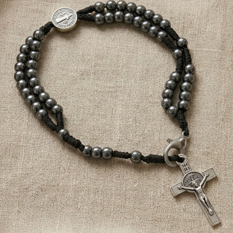 Terço de Pulso São Bento Hematita Aço Inox Pulseira Religiosa Masculino Feminino Catolico